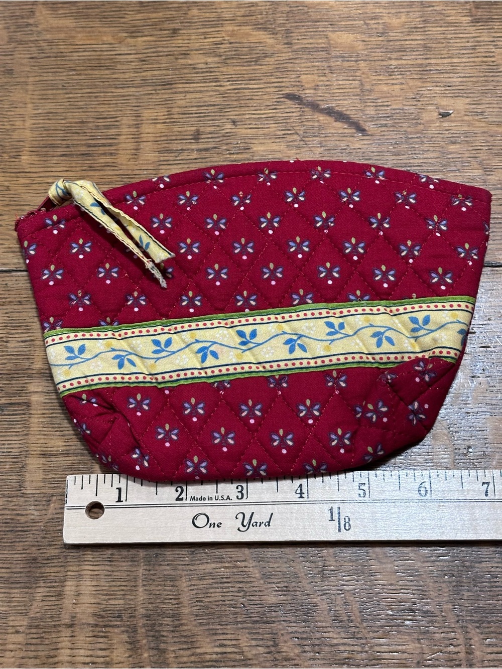 Red Quilted Floral Cosmetic Pouch with Yellow Stripe waterproof lining